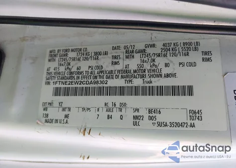 2012 Ford E-250 Commercial z USA, uszkodzony, nr VIN 1FTNE2EW2CDA98302